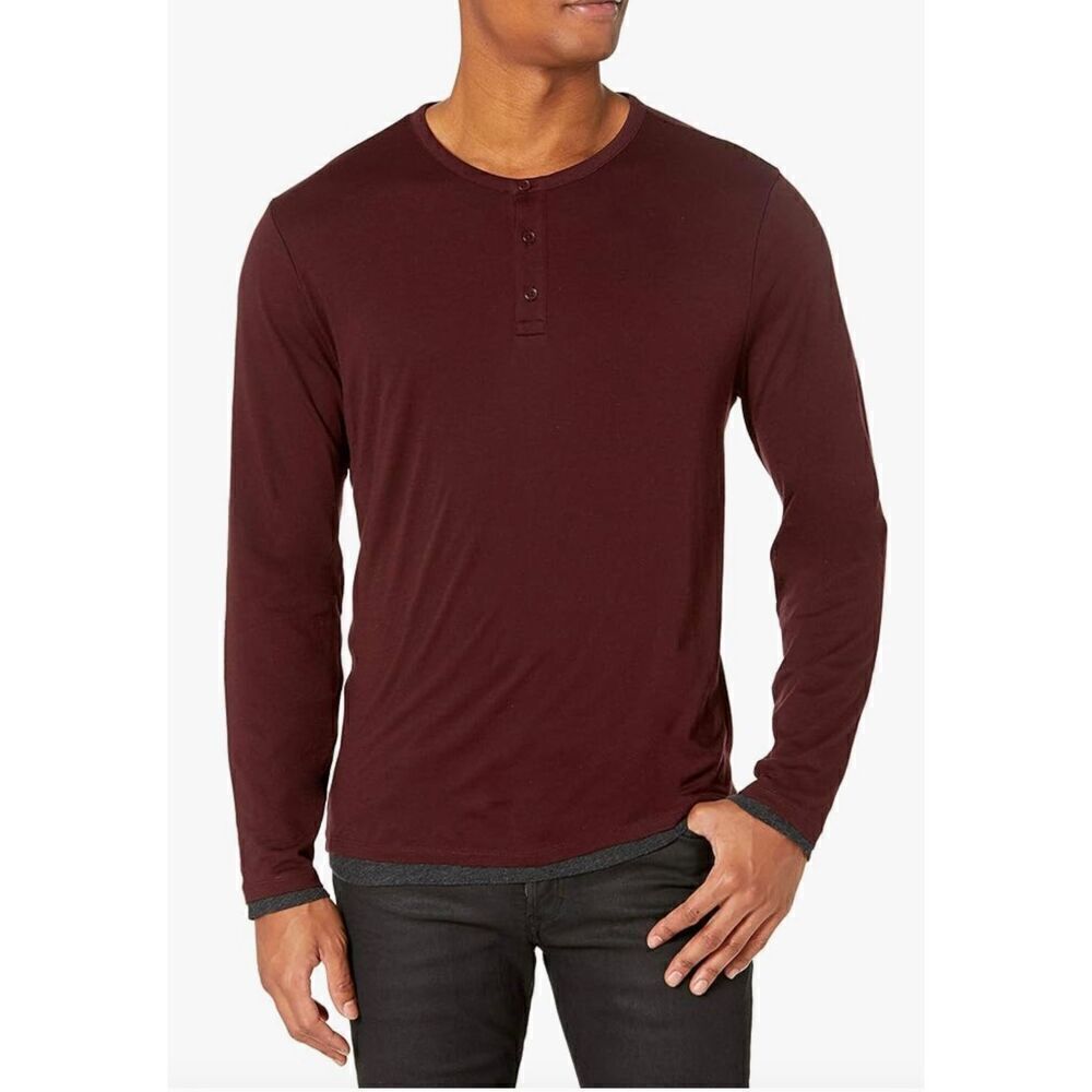 Vince Men's Dbl Layer Henley in Sonoma Red & H. Charcoal NWT Size Small